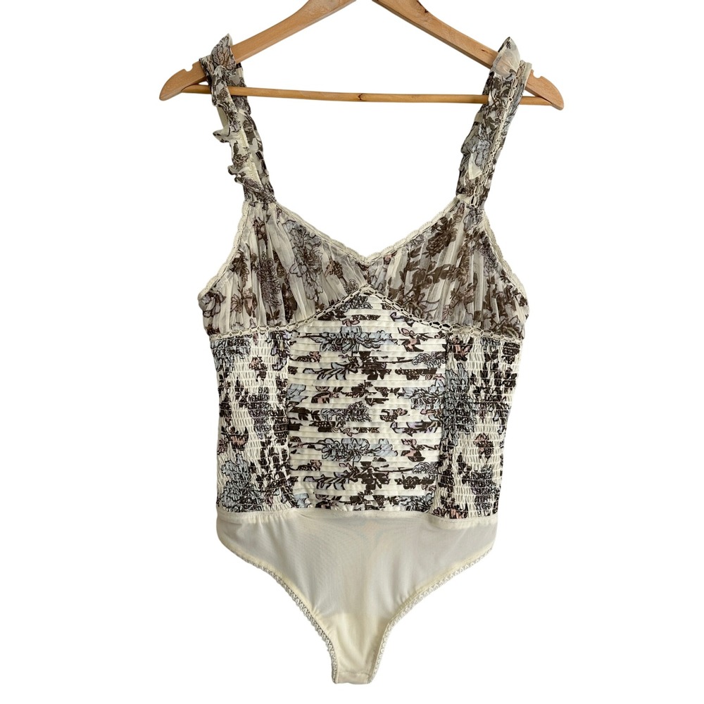 Free People Cream Floral Smocked Bodysuit